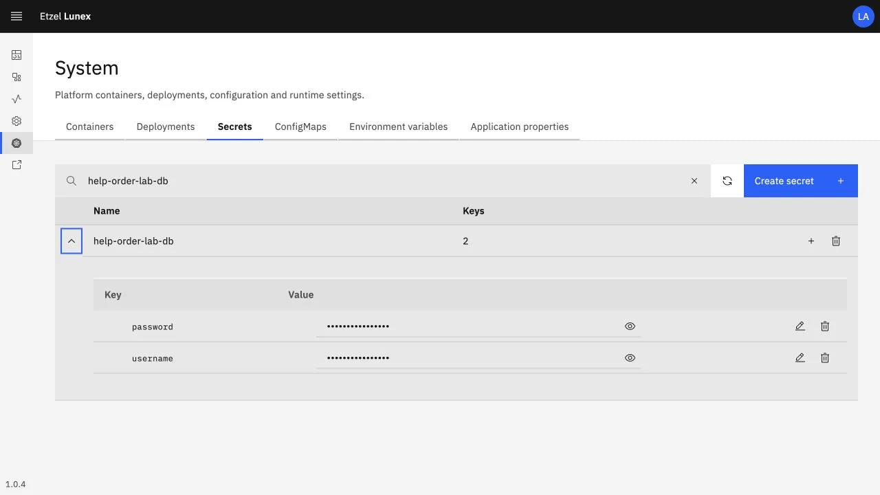 Veritabanı Secret'ının username ve password anahtarları; değerler gizli