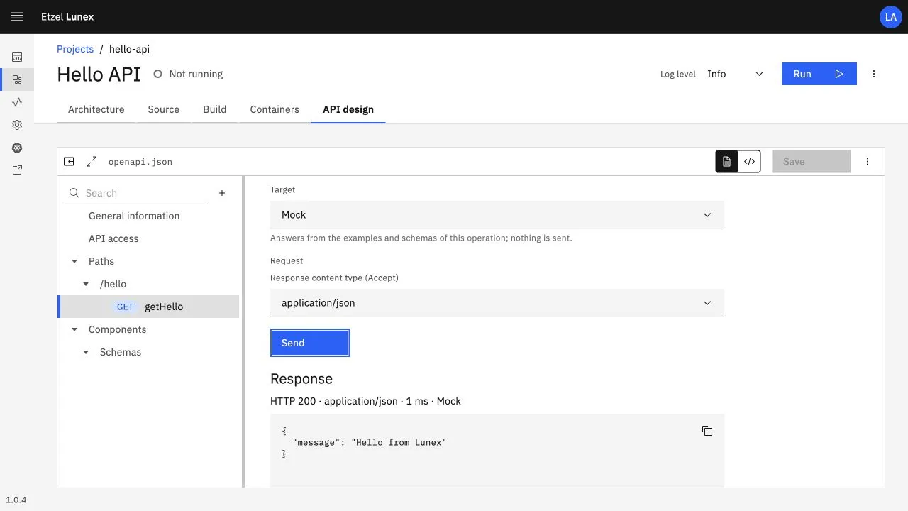 getHello işleminde Try it hedefi Mock seçili; HTTP 200 application/json ve Hello from Lunex yanıtı görüntüleniyor