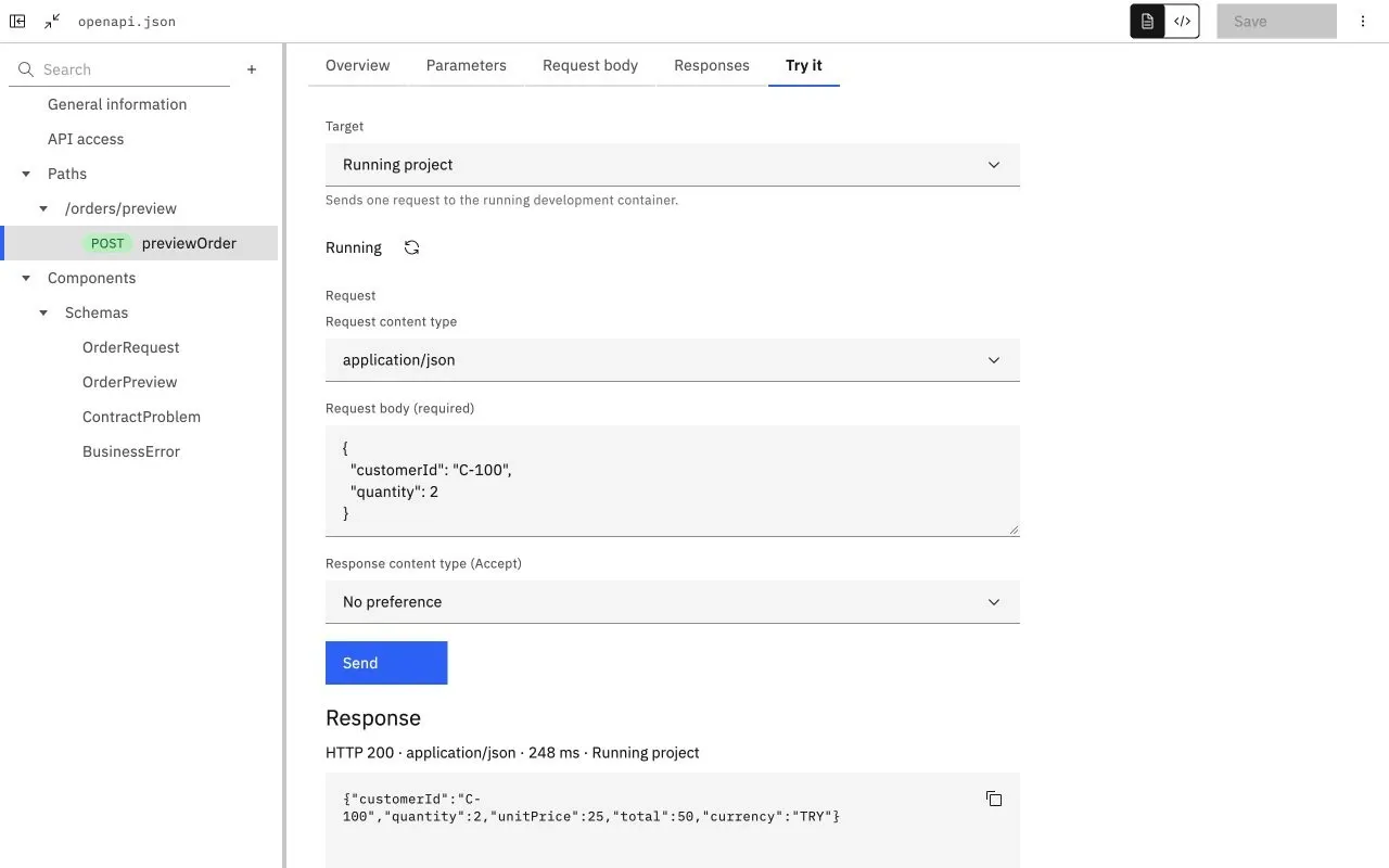 Lunex API denemesi: çalışan projeye gönderilen sipariş önizleme isteği ve HTTP 200 yanıtı