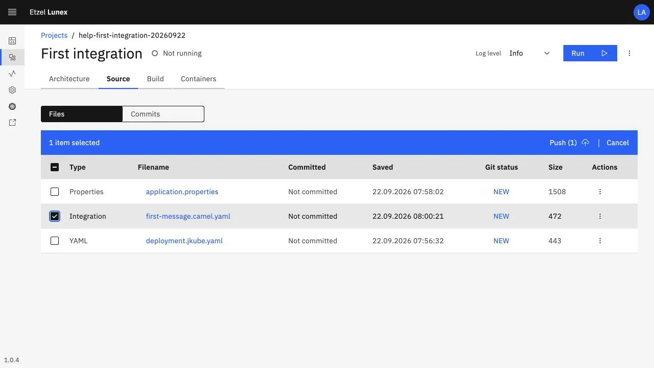 Lunex proje kaynakları: Git durumu, kaydedilme zamanı ve gönderilecek dosya seçimi