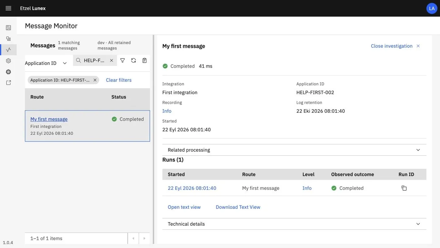 Lunex Message Monitor: iş numarasıyla bulunan mesaj, durumu, süresi ve çalıştırma geçmişi