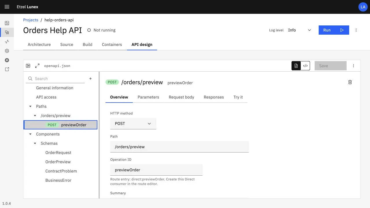 previewOrder operation'ının Overview ekranında POST yöntemi, /orders/preview yolu ve direct:previewOrder bağlantısı