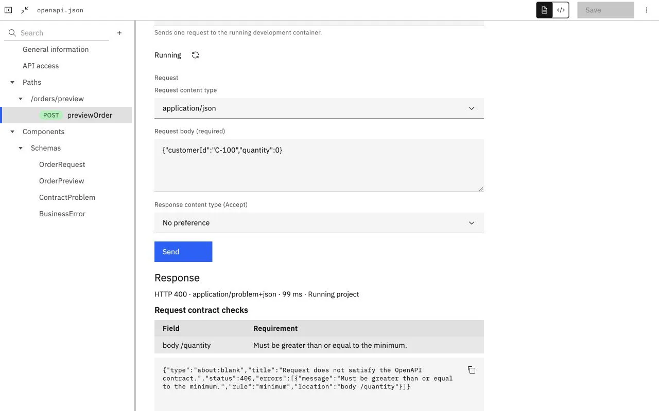 Gerçek API isteğinde quantity 0 için HTTP 400 application/problem+json ve body /quantity minimum kuralı hatası