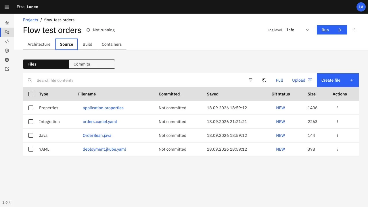 Örnek projenin Source ekranında Files ve Commits görünümleri, dosya listesi ve Git'e gönderilmemiş değişiklikler.